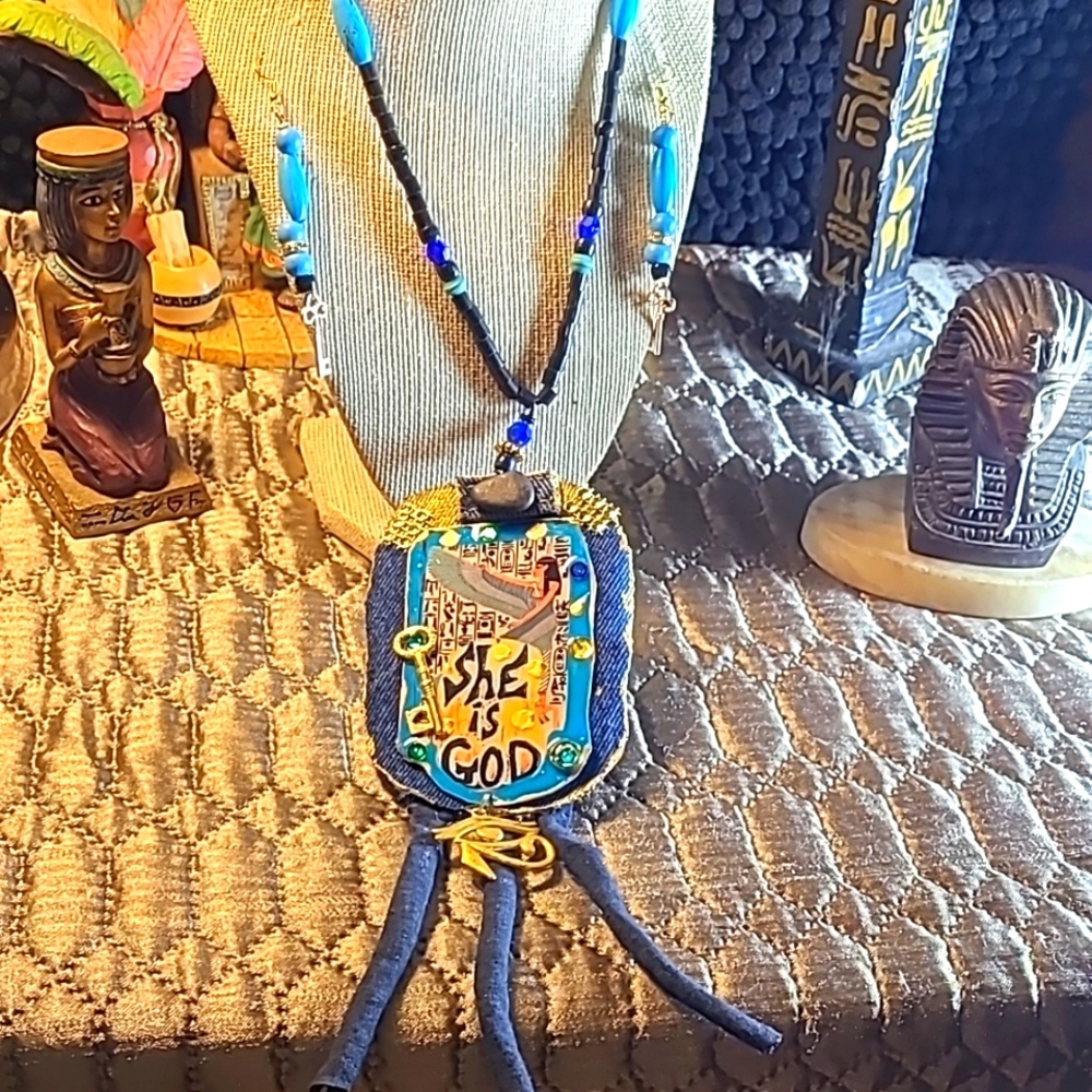 Goddess maat denim fabric necklace and skeleton keys earrings